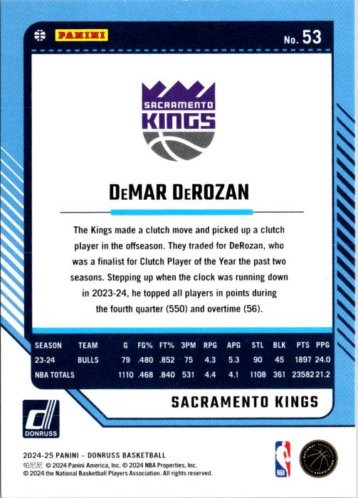 DeMar DeRozan trading card featuring Sacramento Kings player stats and highlights for the 2023 season