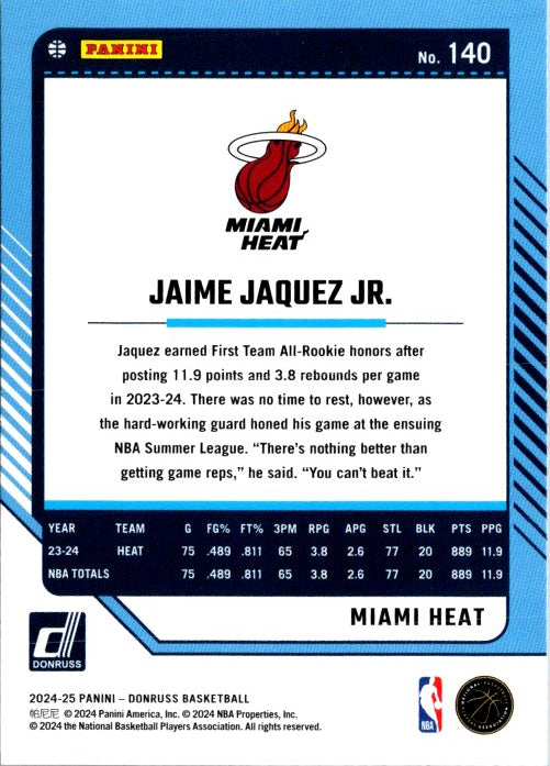 Jaime Jaquez Jr. basketball card from Donruss Panini featuring Miami Heat statistics and highlights for the 2024 season