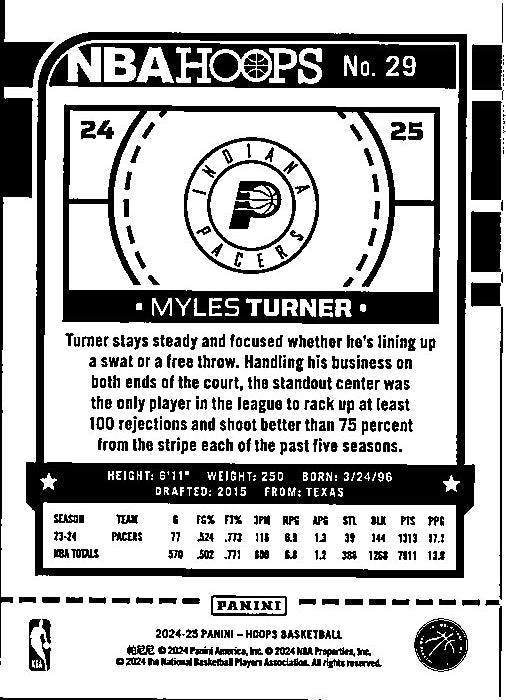 Myles Turner basketball card featuring statistics and biography of the Indiana Pacers player