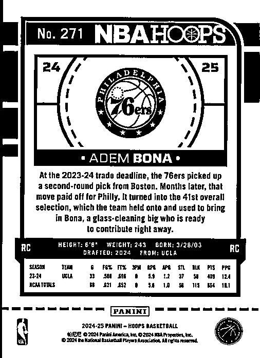 PANINI Adem Bona rookie card featuring stats and highlights for basketball fans and collectors