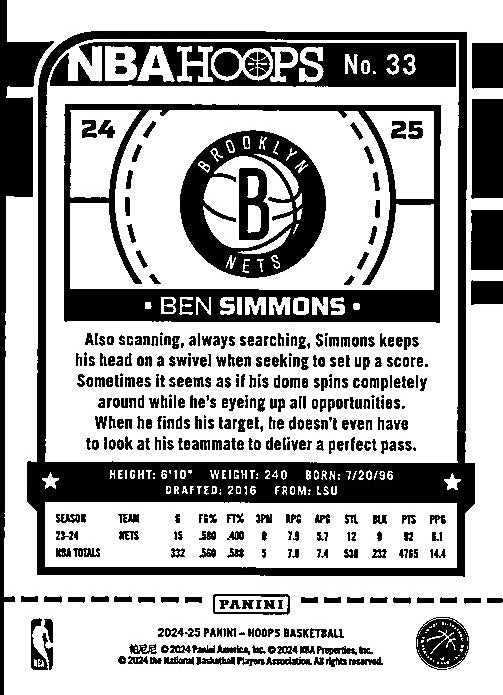 Ben Simmons trading card featuring stats and player details from PANINI's NBA Hoops series
