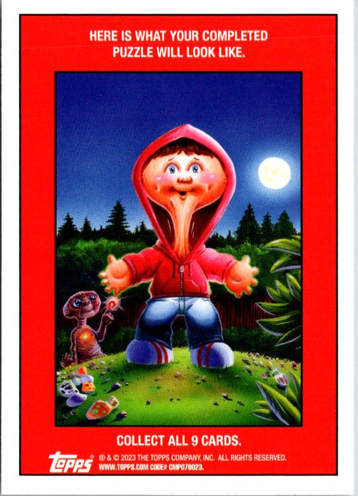 Garbage Pail Kids Deranged Doug card featuring a cartoon character in a red hoodie near a moonlit forest