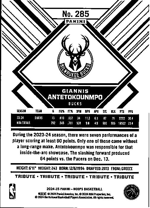 Giannis Antetokounmpo trading card by PANINI featuring season statistics and highlights for the 2023-24 NBA season
