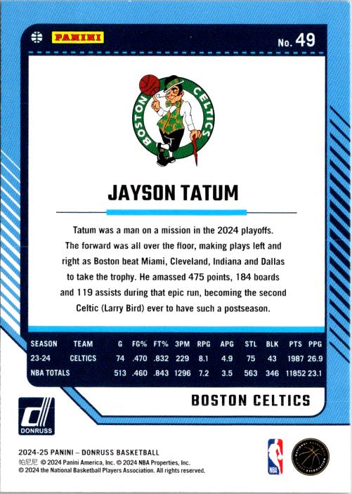 DONRUSS PANINI Jayson Tatum trading card with stats from the 2024 playoffs and Boston Celtics logo