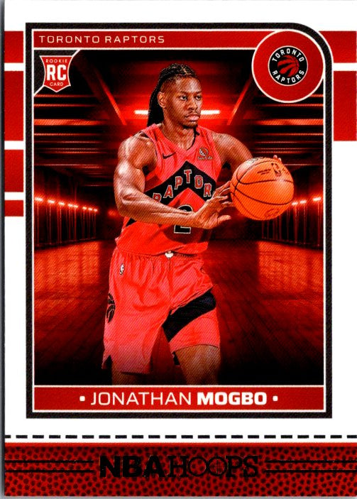 Jonathan Mogbo trading card featuring the Toronto Raptors player in action on a red background