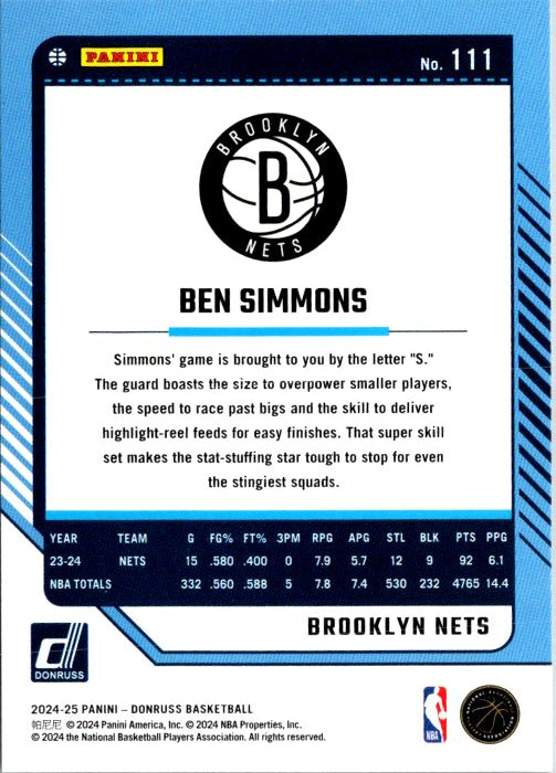 Ben Simmons trading card featuring Brooklyn Nets statistics and player highlights for collectors