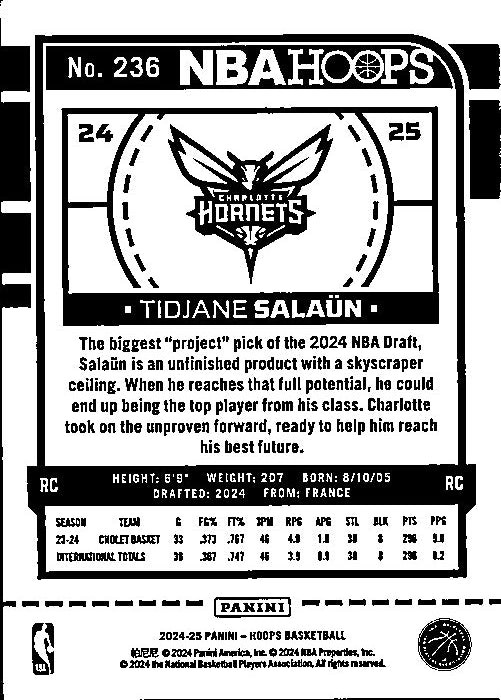 Tidjane Salaun rookie card from Panini featuring NBA Hoops design and player statistics