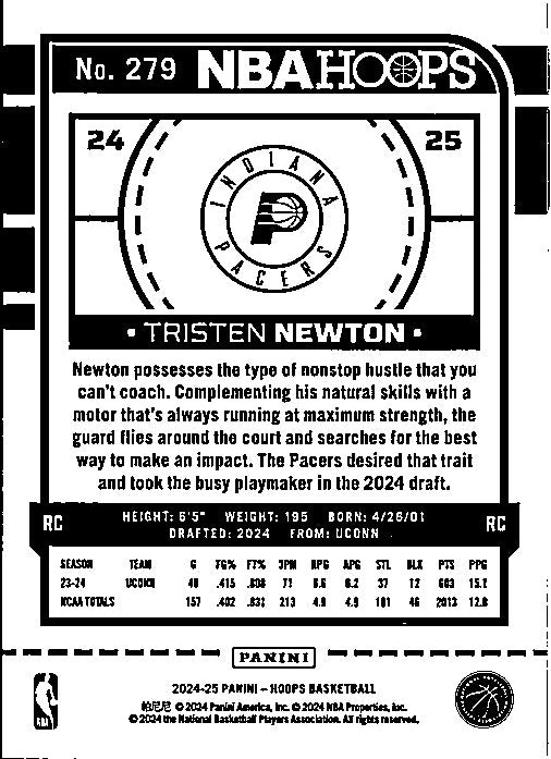 Tristen Newton rookie card featuring stats and background info from PANINI NBA Hoops collection